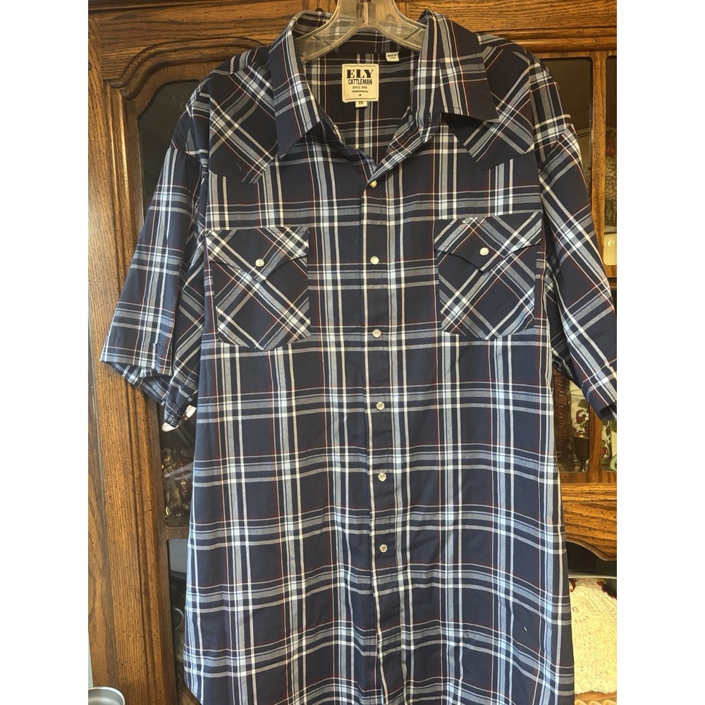 Ely Cattleman Men's Pearl Snap Blue Plaid XXL Short Sleeve Western Shirt‎ Cowboy